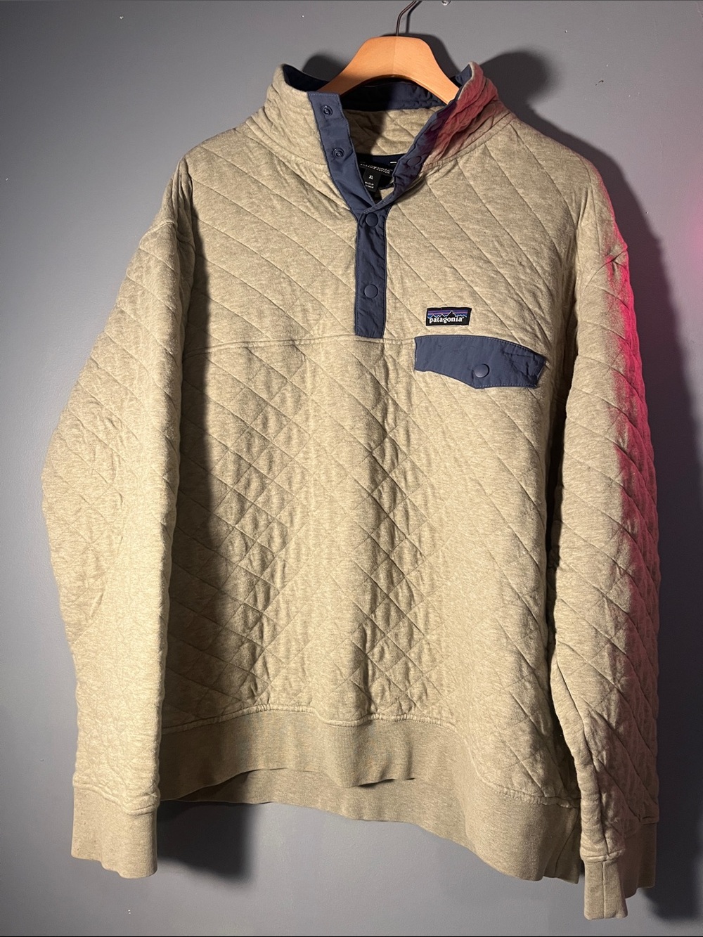 Patagonia Quilted Pullover in Beige with Navy Trim